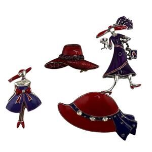 Set Of 4 Red Hat Society Enamel Rhinestone Accent Purple Dress Brooches